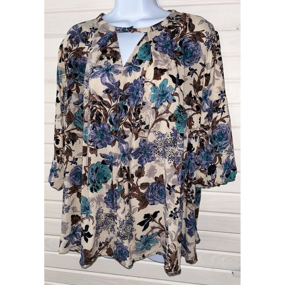 Umgee USA Top Sz SMALL Keyhole Neck Floral Tunic Boho Cotton Blend EUC - Picture 1 of 10